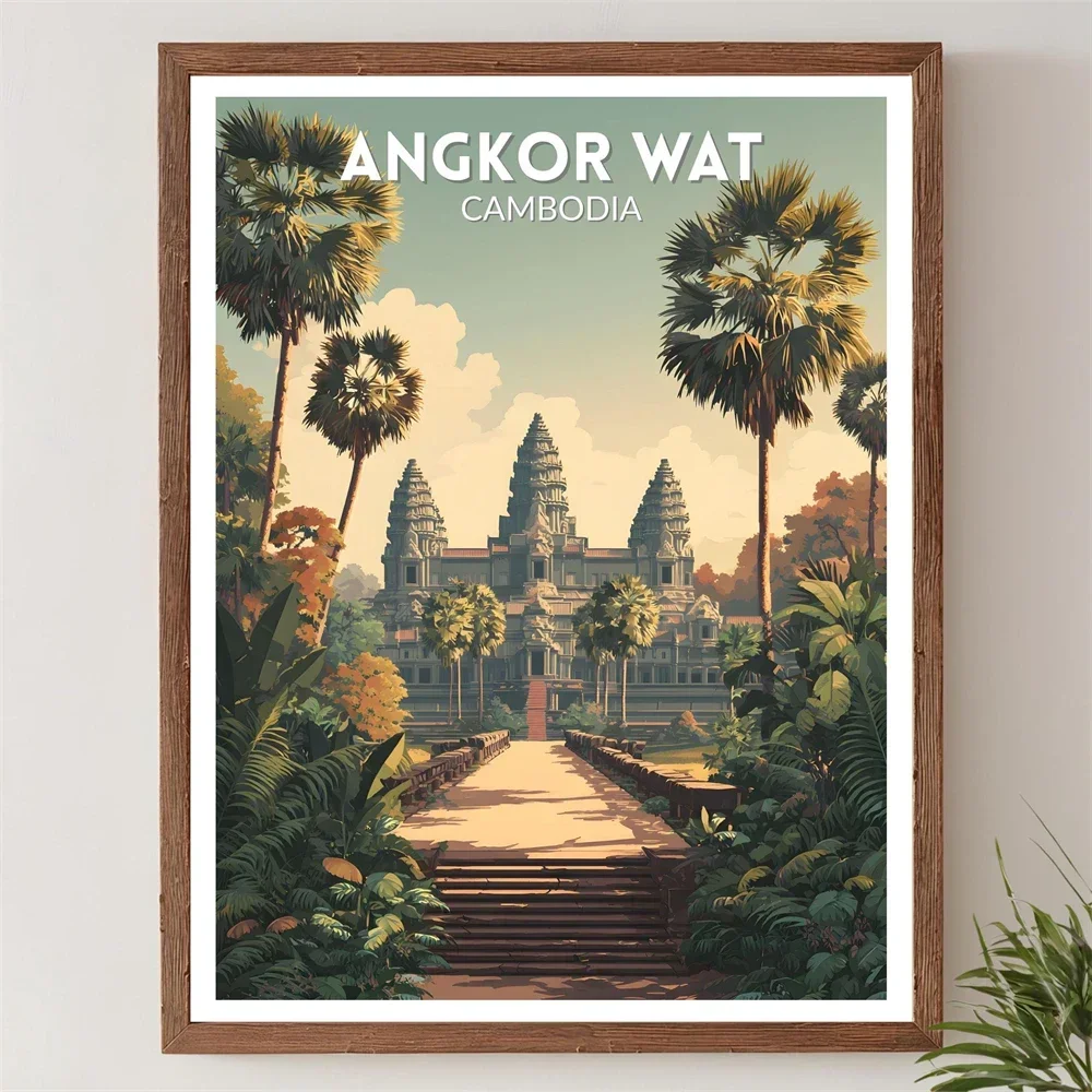 Vintage Fashion Wall Art - ملصق سياحي لمعبد أنغكور وات في